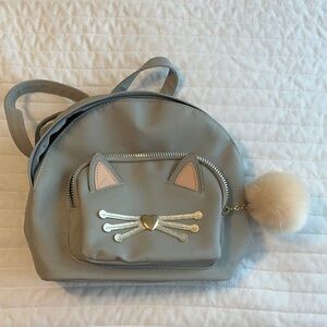 Gray Cat Face Mini Backpack with Pom Pom